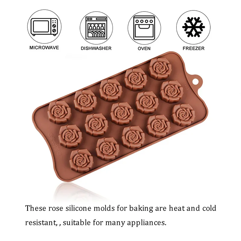 Rose Silicone Molds 15-Cavity Mini Flower Shape Silicone Non-Stick Rose Chocolate Candy Baking Molds for Cookie Ice Cubes Making