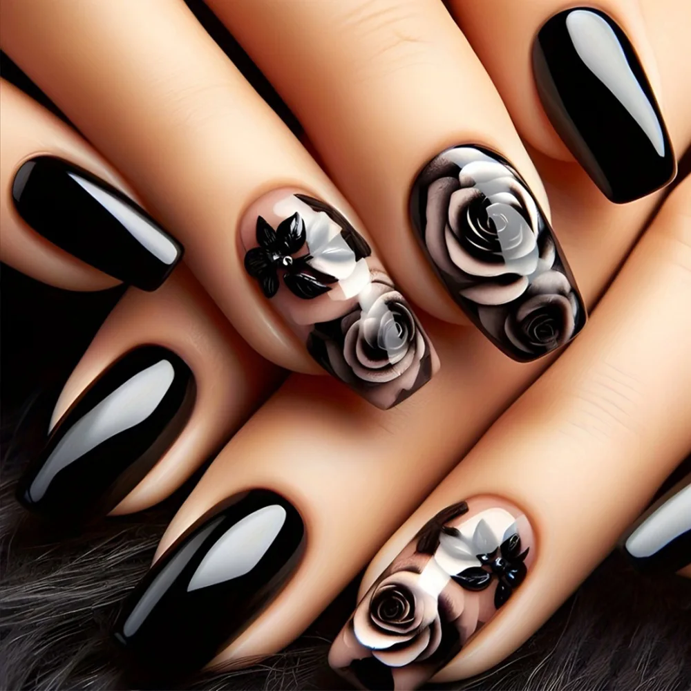 

24pcs Dark Romance Style Gothic Rose Press-On Nails – Medium Square Shape Manicure Wearable Nail Tips Art For Women