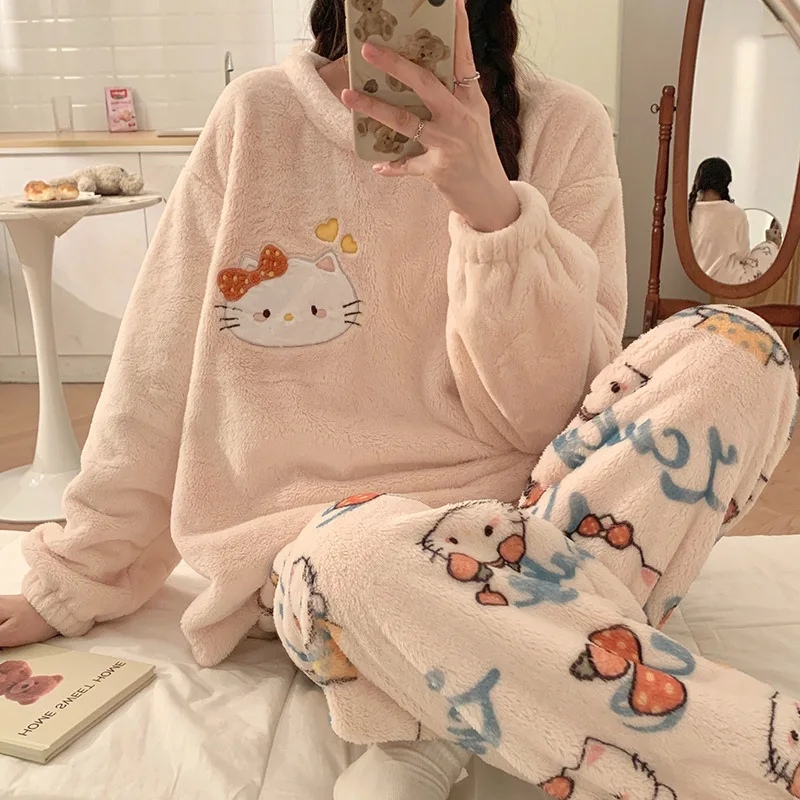 

Autumn And Winter Pajamas With Ins Style Sweet And Cute Girl Like Cartoon Kt Cat Comfortable Coral Flannel Home Warm Clothing