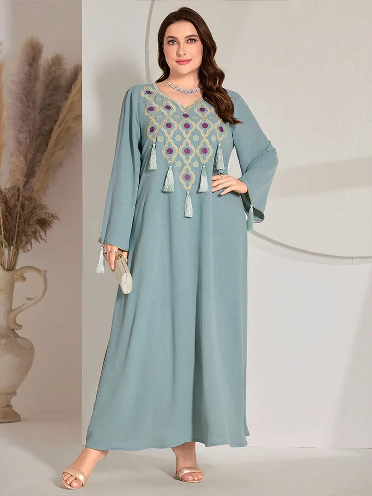 

Dubai Morocco Eid Djellaba Muslim Embroidery Long Dress Tassels Women Islam Jalabiya Abaya Kaftan Turkey Robe Caftan Clothing