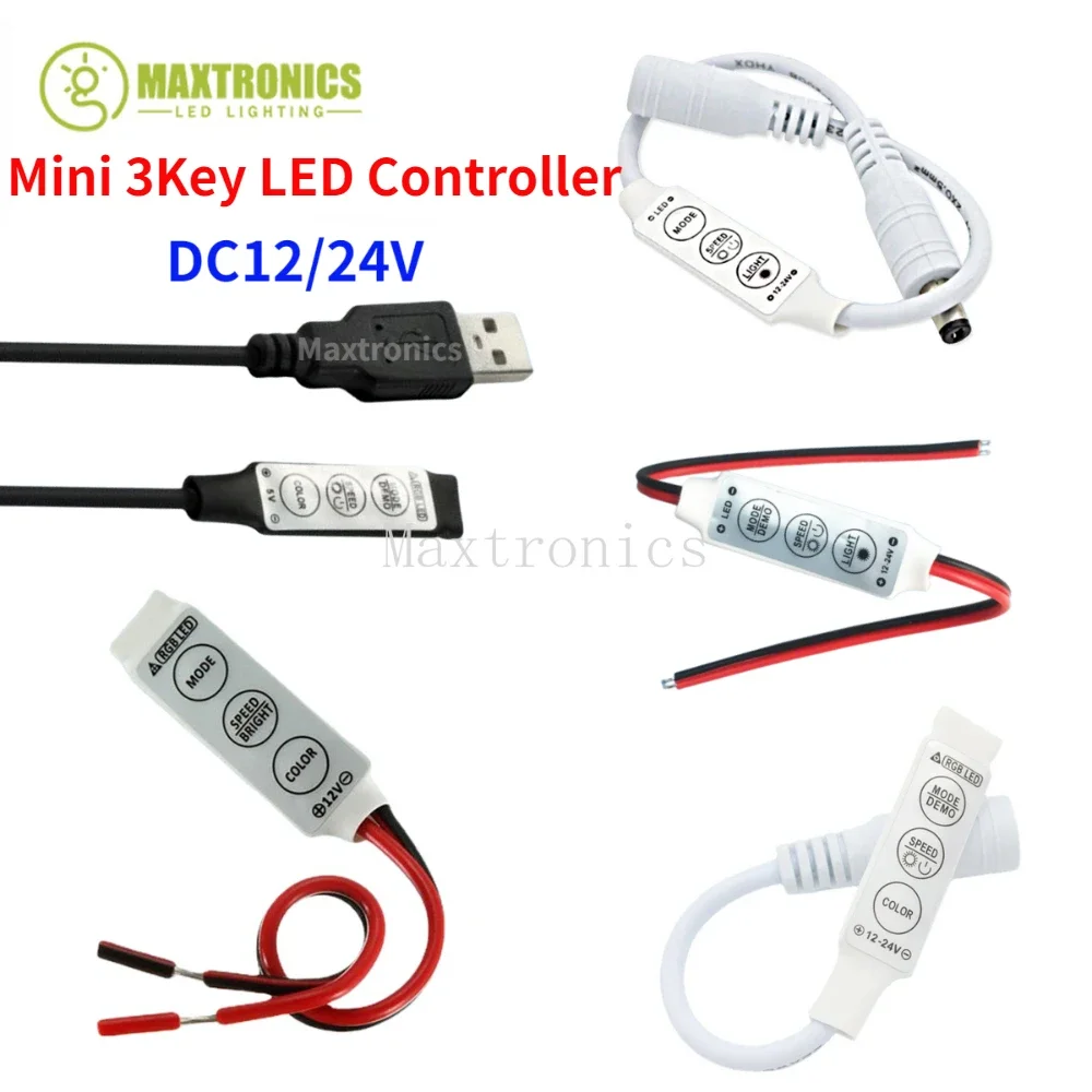 2pcs Mini 3Key LED Controller Wireless Control Dimmer 144w for Single Color / RGB LED Strip Light Module Pixel Lamp DC5V 12V 24V