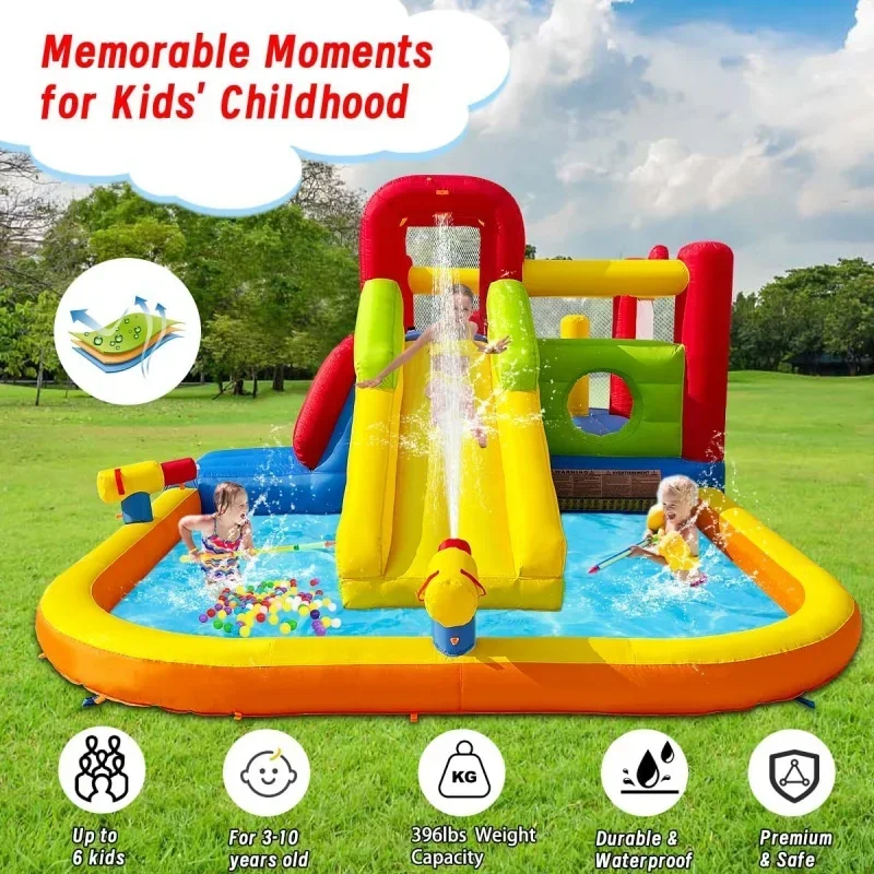 Bounce House  Slides for Kids, Inflatable Water Park with Slide, Splash Pool, Double Water Cannon, 2 Climbing Wall, Obstacles, B