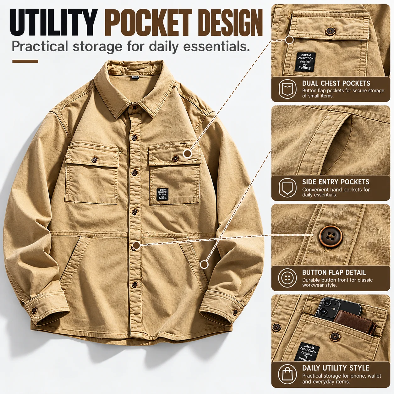 Men's Utility Overshirt Long Sleeve Cotton Blend Workwear Shirt Jacket Casual Relaxed Fit Top