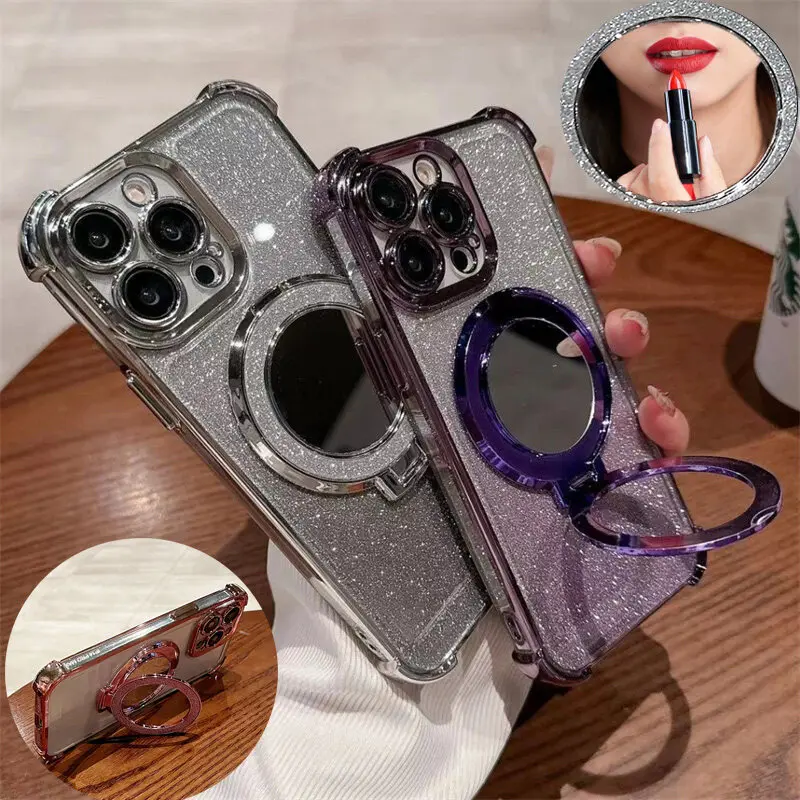 Glitter Plating Mirror Bracket Case For Samsung Galaxy A55 A15 A16 A26 A35 A34 A14 A06 A05 A05S A04 A53 A52 A12 A33 A24 A25 A32