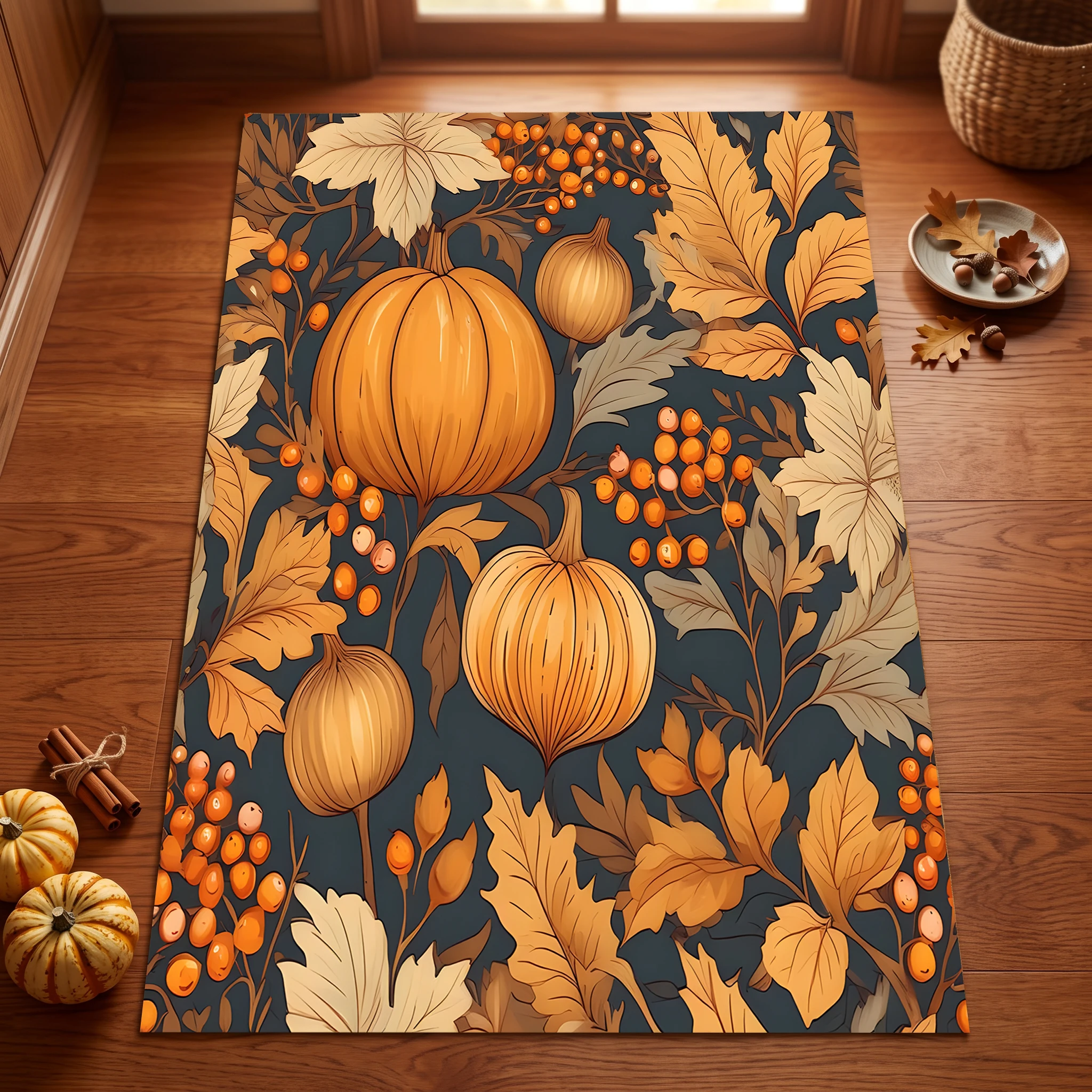 Pumpkin, Leaf, and Berry Print American Retro Style Rug, Suitable for Living Room, Bedroom, and Entryway, Creating a Warm Autumn Harvest Atmosphere