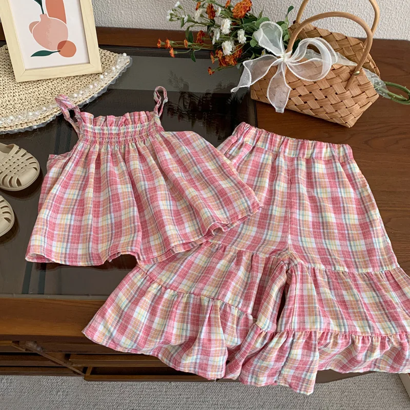 Kids Girls Pink Plaid Sets Spaghetti Strap Vest+High Waist Wide Leg Flare Pants 2pcs Children Summer Outfits Clothing Sets