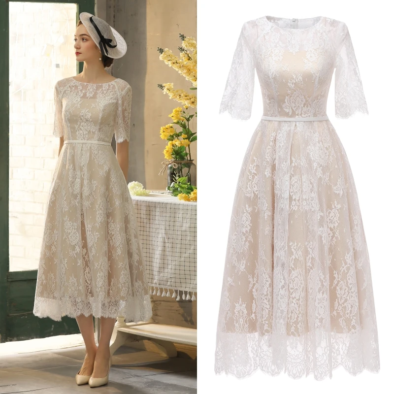 Real Photo Lace Vintage Champagne Tea Length Bridal Gown Wedding Dress Factory Price