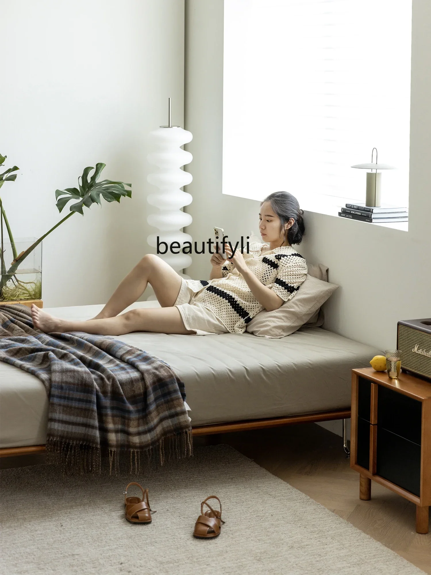 

07Flat Bed Tatami No Bedside 1.5 M Small Apartment Modern Simple Solid Wood Log Bed in Master Bedroom