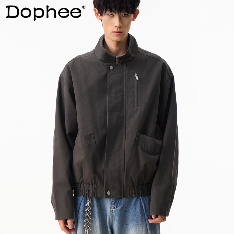 

American Style Retro Stand Collar Jackets Men 2025 Autumn New Trendy Coats Male Solid Color Long Sleeve Zipper Tooling Jackets