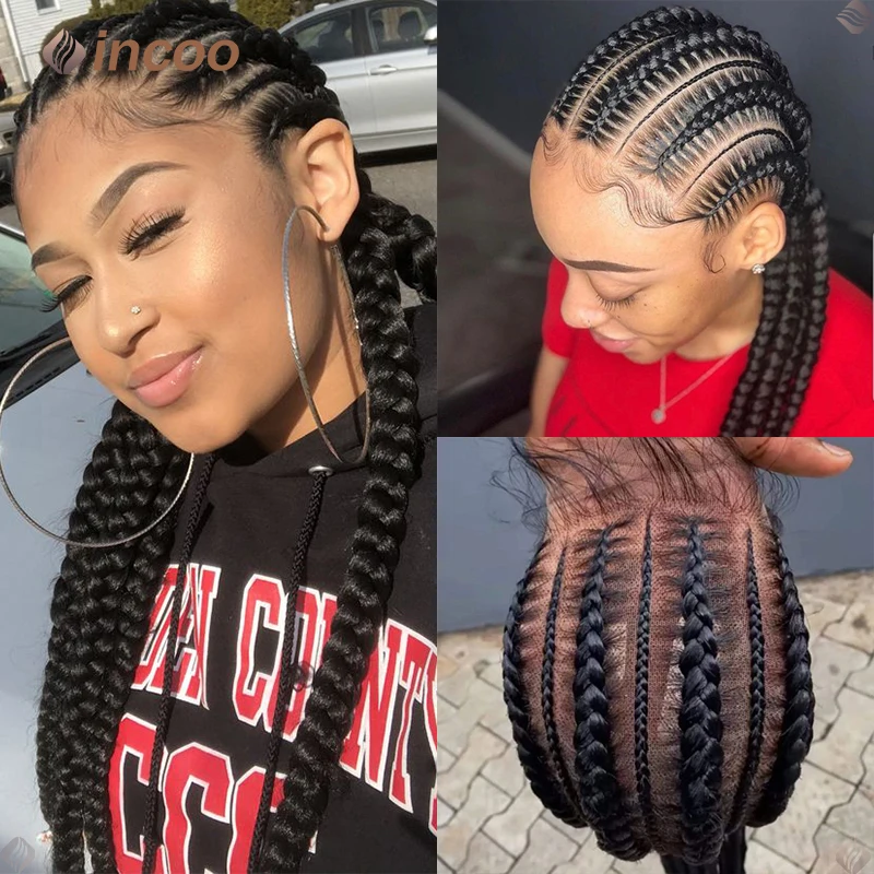 Lace Front Synthetic Double Dutch Cornrow Braided Wigs For Black Women Knotless Box Braid Wig Full Lace Black Braids Hair Wig