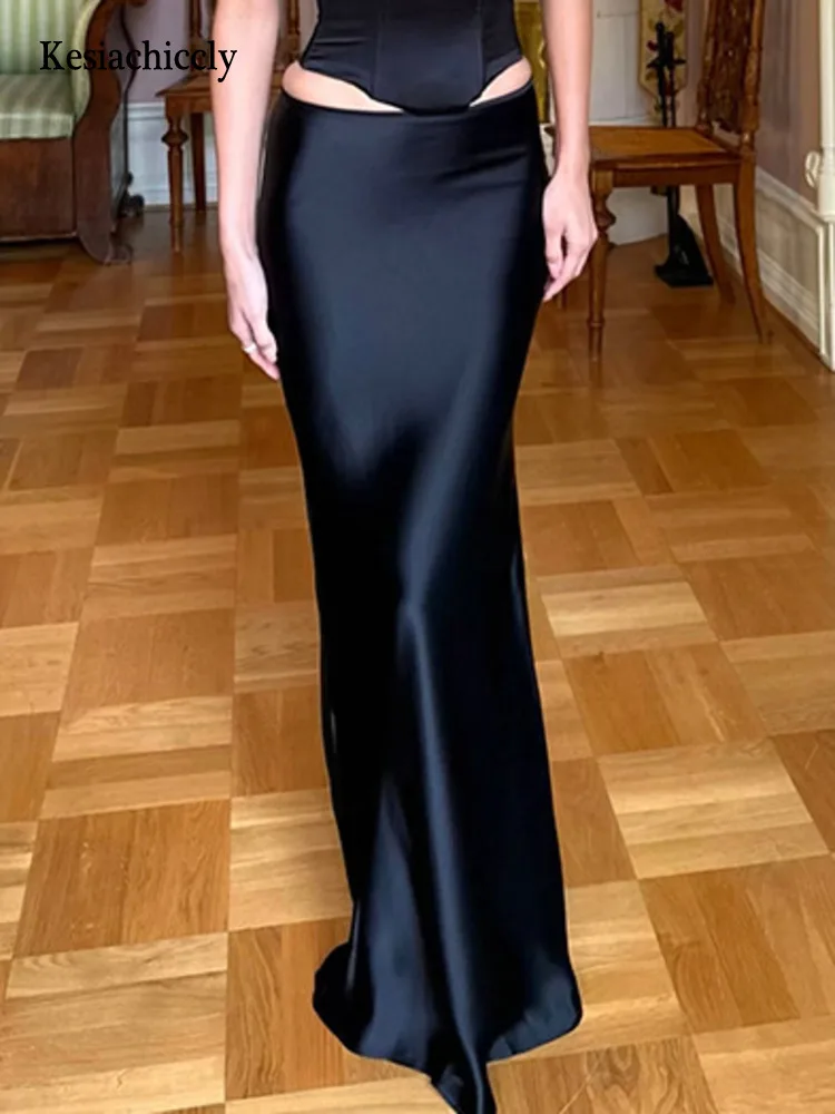 Kesiachiccly-faldas de satén de seda para mujer, falda de cintura alta, faldas elegantes de tubo, falda larga negra de verano, nuevo estilo coreano