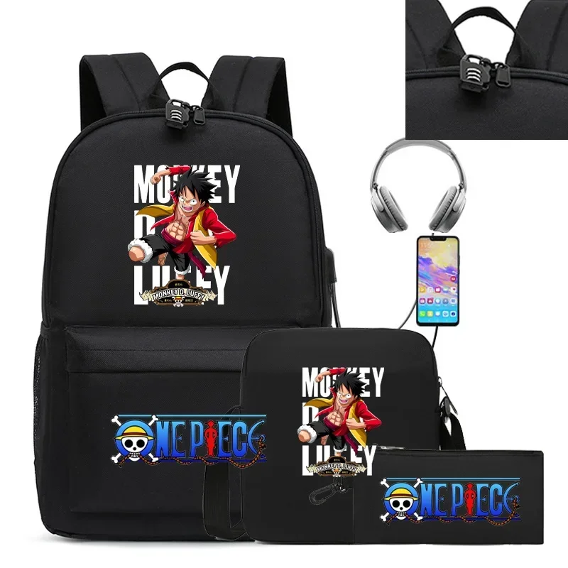 Three-piece Set of Cartoon Riman One Piece USB Youth Student Schoolbag Male and Female Backpack Set Children's Gifts