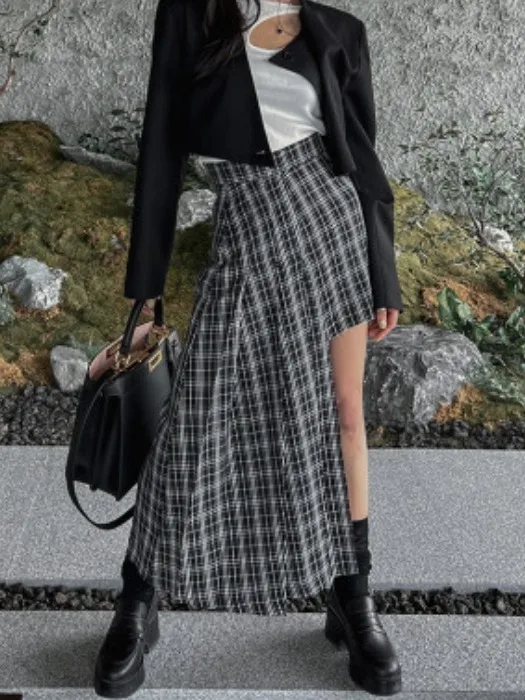 

Chic Retro High Waist Plaid Asymmetrical Design Long Skirt Women's Midi Skirt Slimming A-Line Skirt Commute Sle Spring Coll...