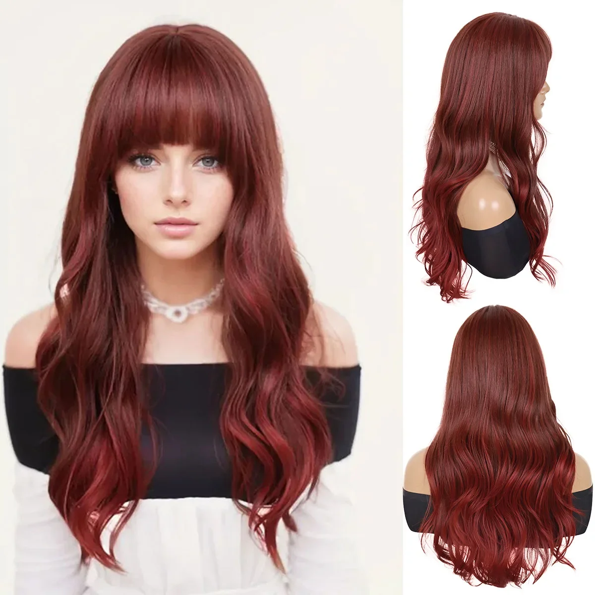 Premium Synthetic Red Hair Wig with Bangs Long Wavy Wigs for Women Natural Hairstyles Daily Use Drag Queen Costume Wigs Female