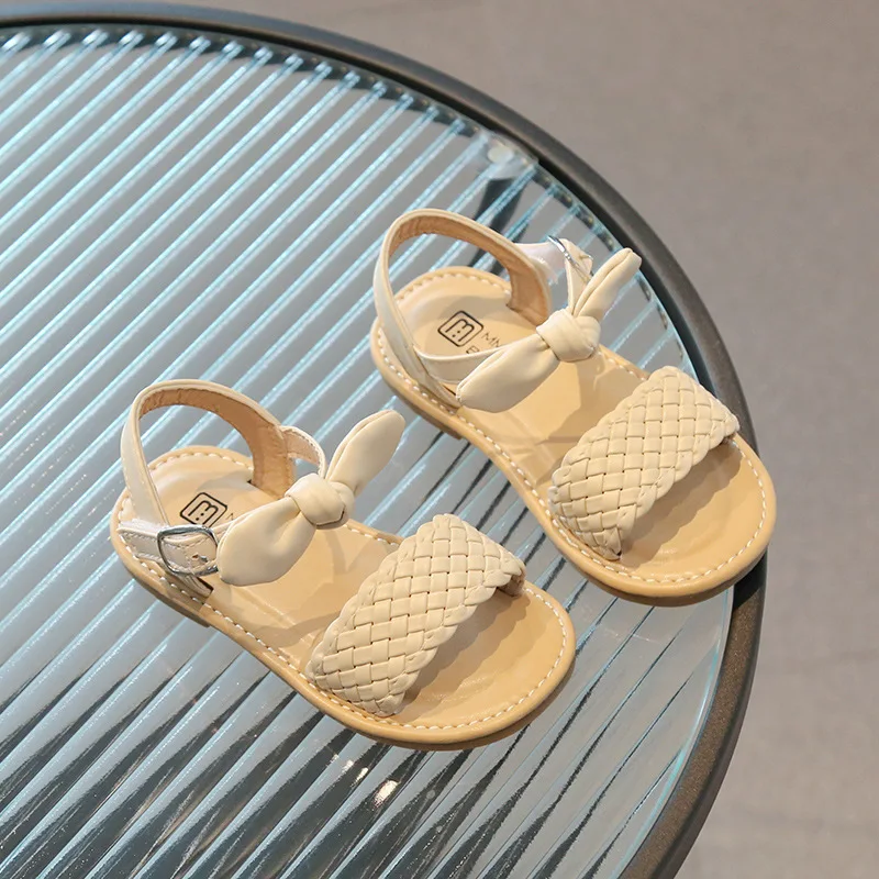 

2025 New Summer Children's Sandals Weave Flat Kids Girls Sandals Bowknot Fashion Princess Girls Beach Shoes Size 21-30 CSH1257