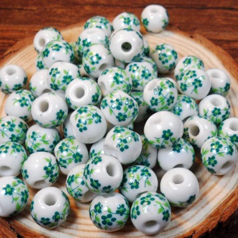 50Pcs Round Ceramic Spacer Beads 10mm Large Hole Handmade Porcelain Loose Bead Diy Jewelry Bracelets Necklace Charm Supplies