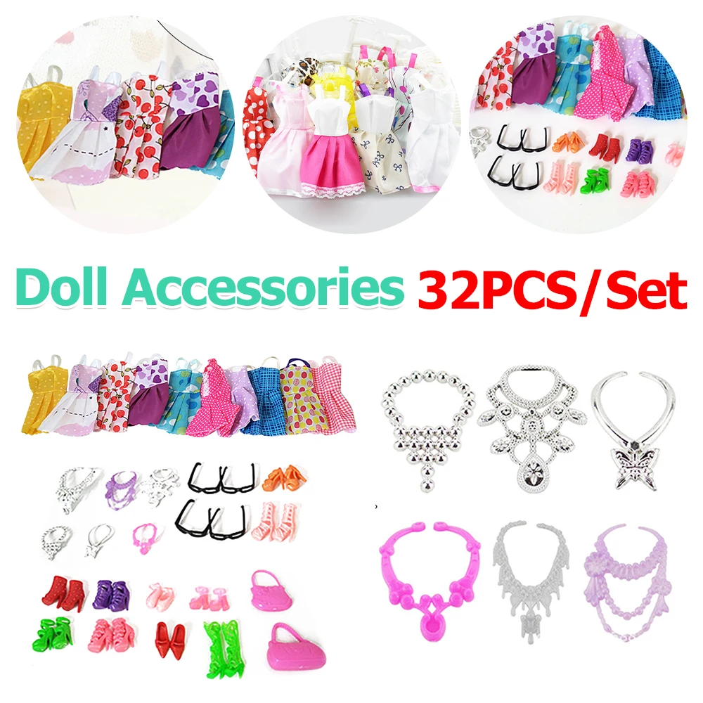 

32 шт., модный комплект для куклы, миниатюрное платье, обувь на высоком каблуке, ювелирное изделие, ожерелье, сумка для очков, полный гардероб, смешанные одинаковые наряды, подарки