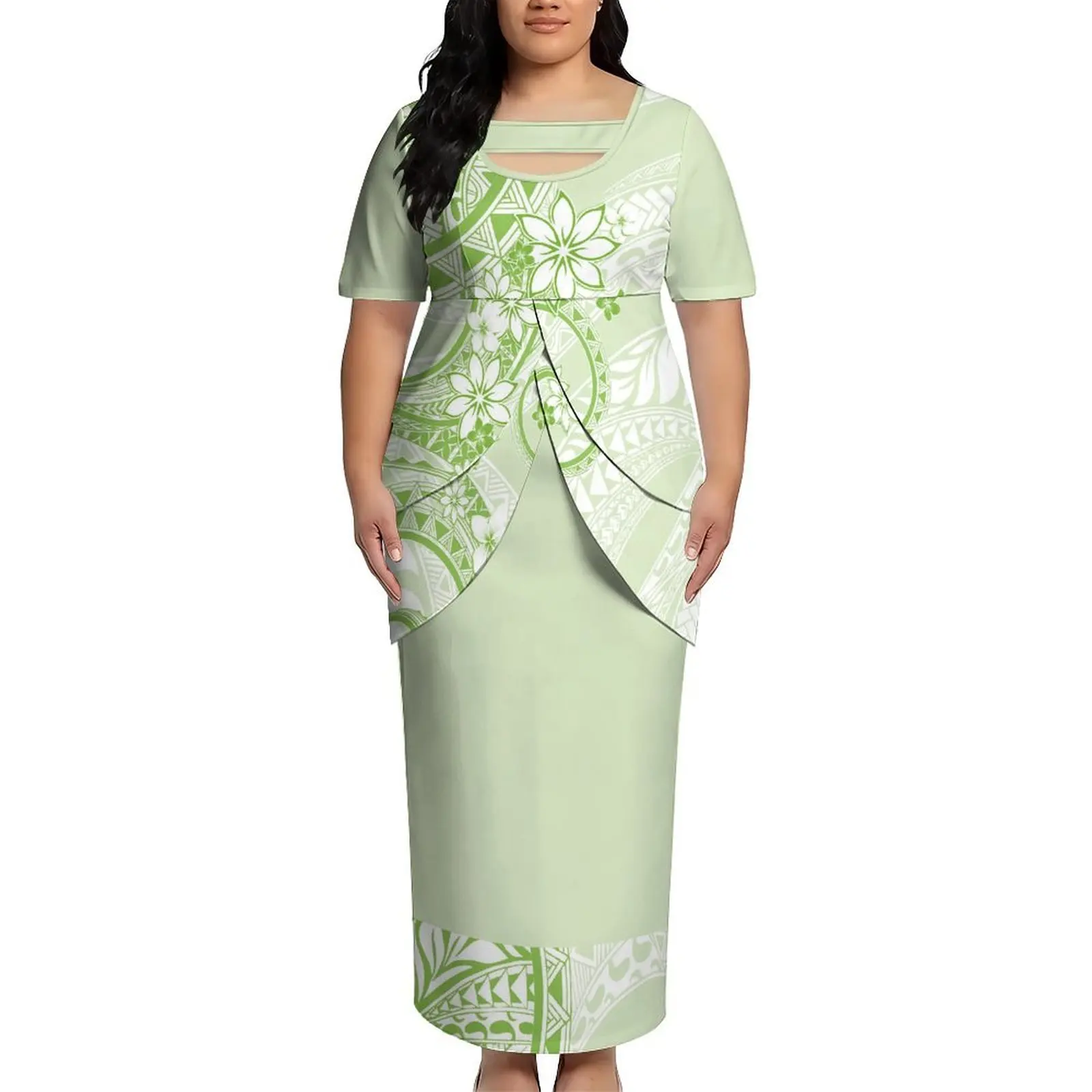 Summer Short-Sleeved Fitted Double-Layer Slit Bottom Ladies' Customizable Printed Puletasi Dress In Polynesian Style Formal Wear