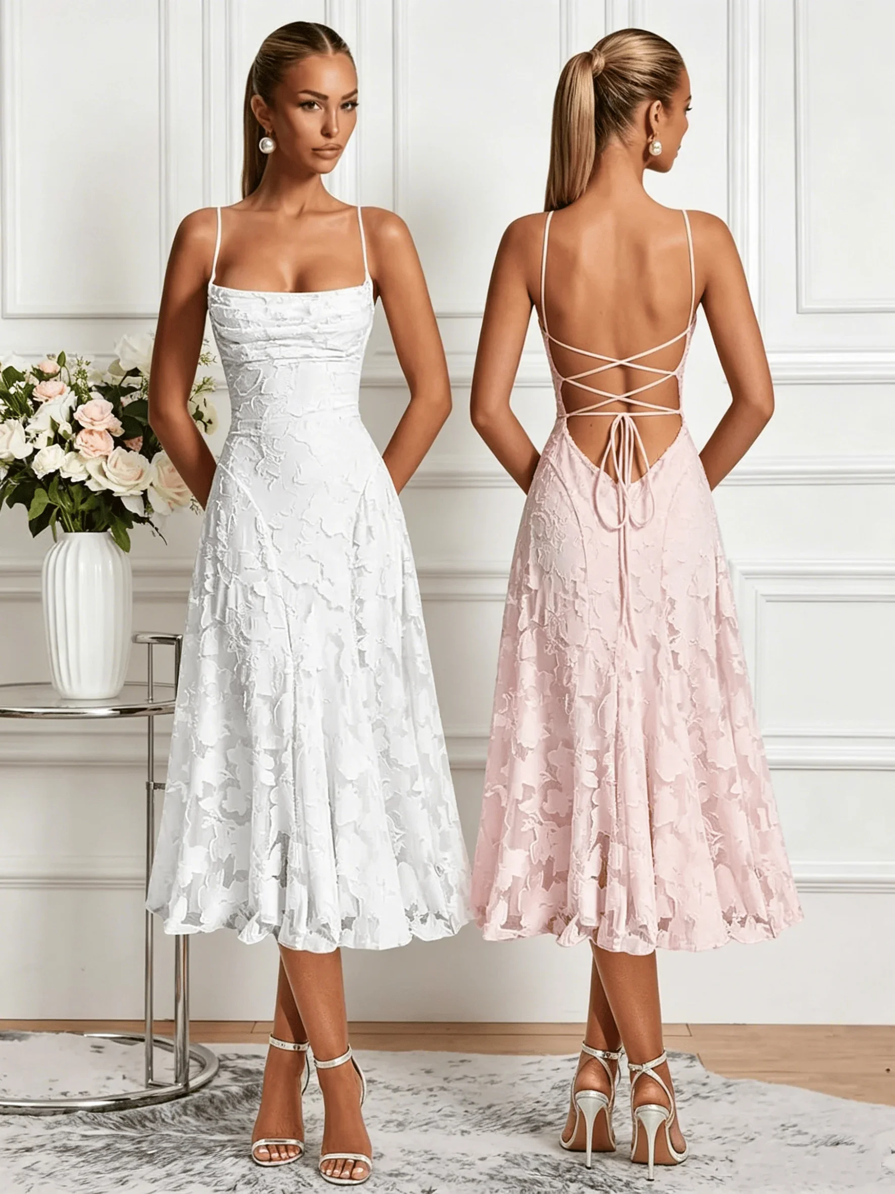 Backless Spaghetti Strap Lace Jacquard Bridesmaid Dresses for Women 2026 Spaghetti Straps Ruffle Formal Wedding Guest Dress