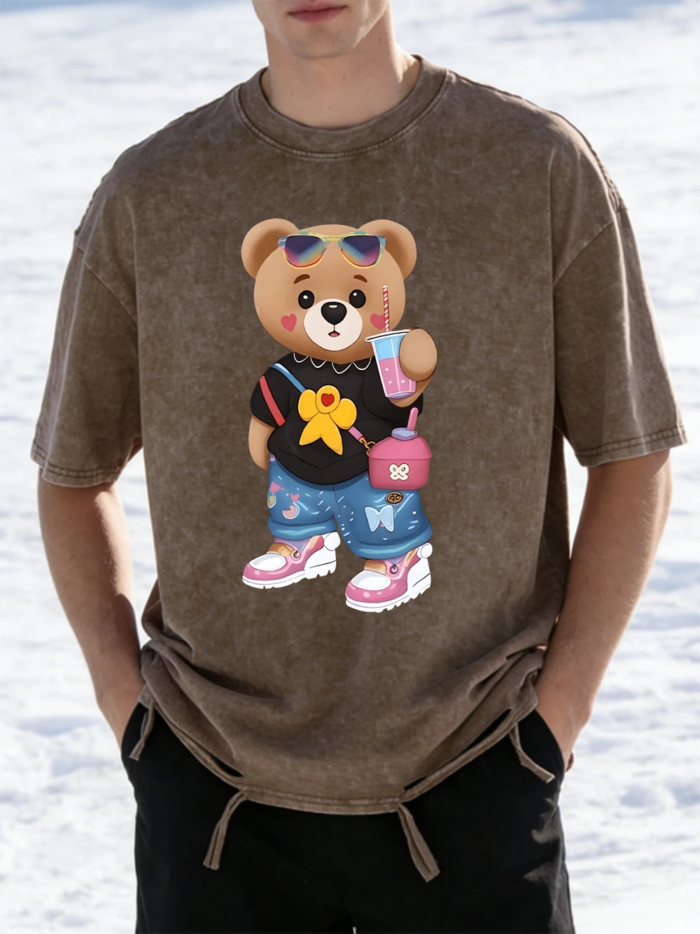 

Bear Sister Drinking Beverages Print Washed T-Shirts Women Cotton Oversize T Shirt Summer O-Neck Short Sleeve Tops Basic Clothes