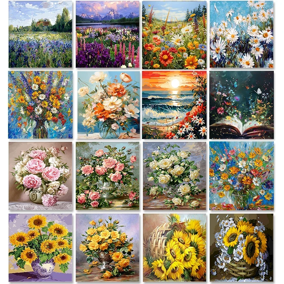 

127125 Oil Painting By Numbers Flower Kit On Canvas HandPainted Drawing Paints For Adults