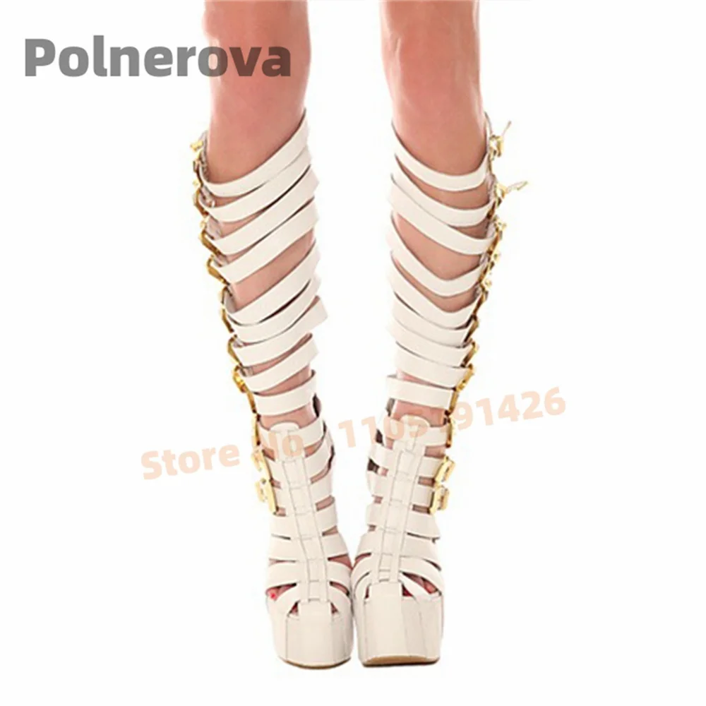 متعددة مشبك حزام منصة صندل أحذية النساء أبيض أسود جلد إسفين حذاء برقبة للركبة عالية الكعب أحذية الصيف سيدة الأحذية