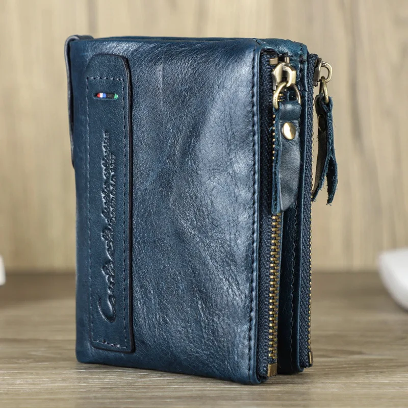 HTS-N0029 RFID anti magnetic leather wallet,short and stylish change,with a leather cover layer and double zipper wallet