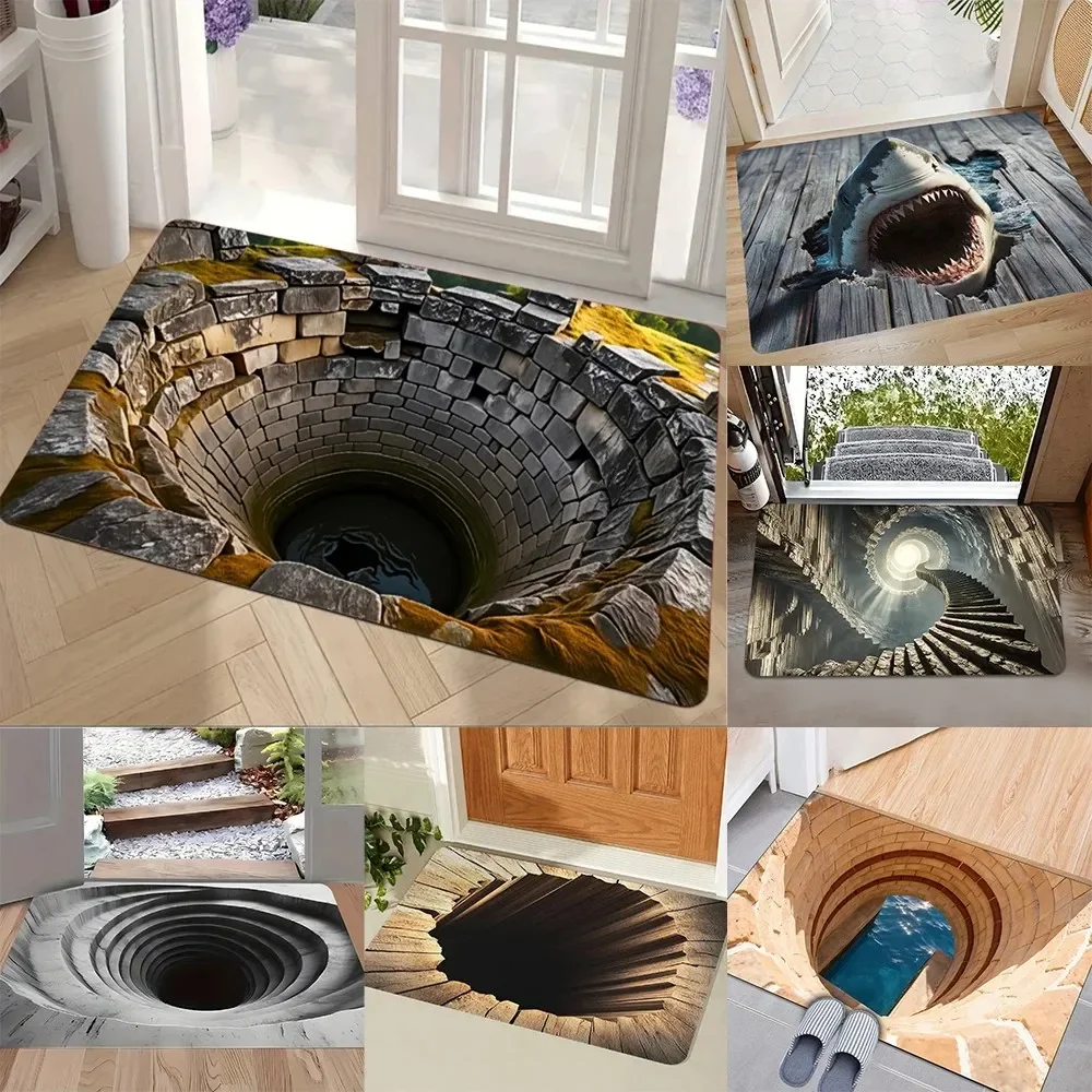 VIKAMA 3D Multi Hole Optical Illusion Doormat Shark Abyss Stair Visual Trick Flannel Non Slip Outdoor Entry Decor Mat