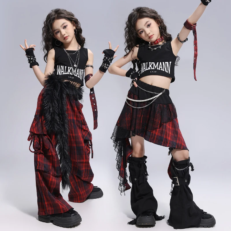 Abbigliamento Hip Hop per ragazze Punk Crop Top Pantaloni cargo Bambini Street Dance Gonna scozzese Set di vestiti Bambini Streetwear Abiti per adolescenti