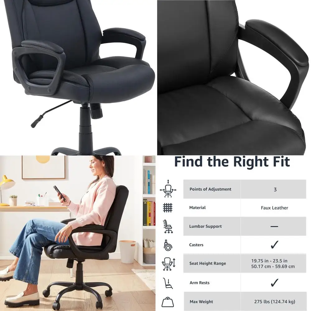 

Classic Puresoft PU Padded Mid-Back Height Adjustable Office Computer Desk Chair with Armrest, 26"D x 23.75"W x 42"H, Black