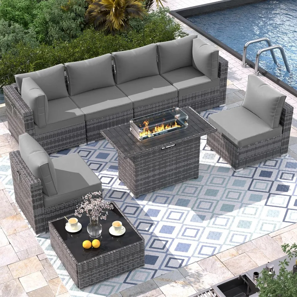 Sofa Set, 8-Piece, with 43-Inch Fire Pit Table, Outdoor Wicker Sectional with 2 Waterproof Covers, Sofa Patio Set