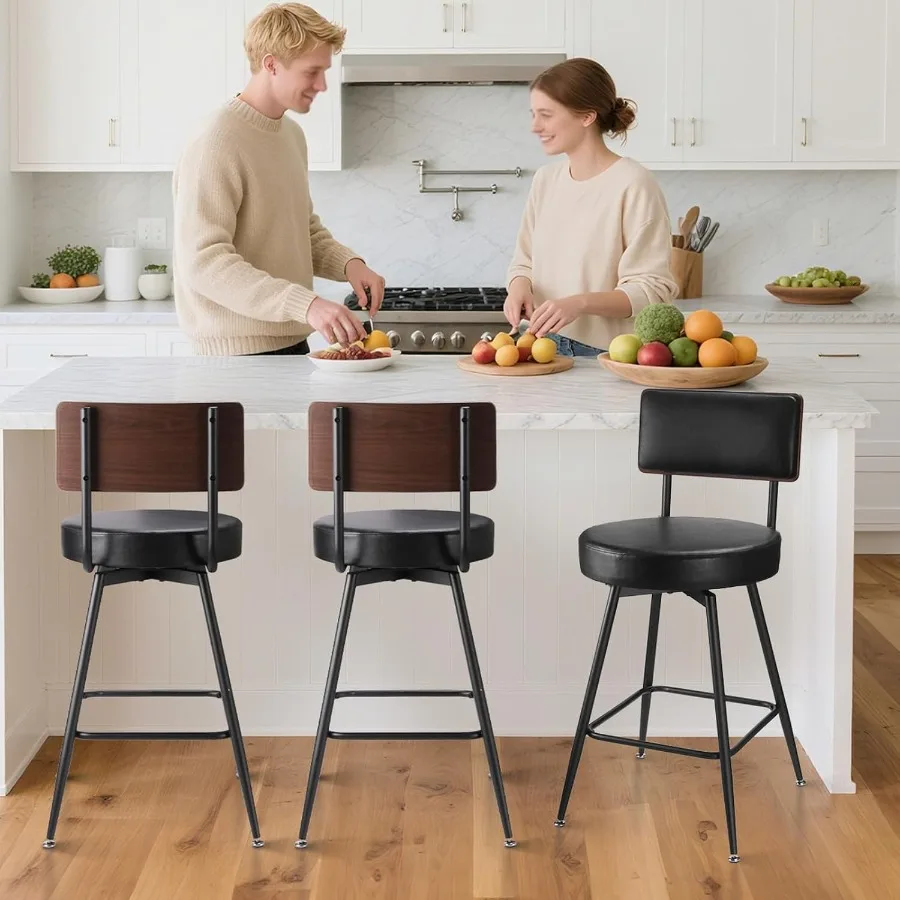 Counter Height Bar Stools Set of 2 25 Inch Swivel Bar Stools with Back Black for Kitchen Island Comfortable Backrest Durable De