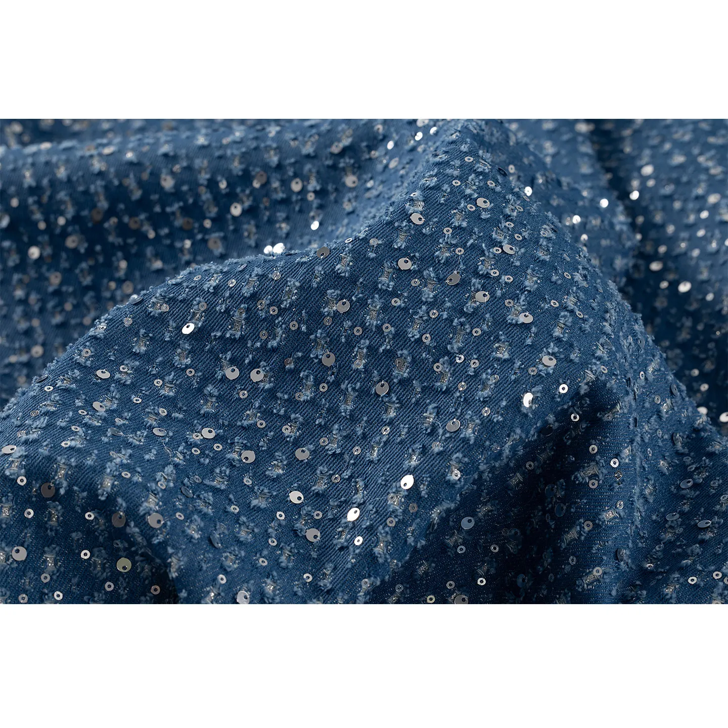 Vintage Blue Sequin Embroidered Denim Designer Fabric with Decorative Surface for Jacket Sewing and Contemporary Design Projects