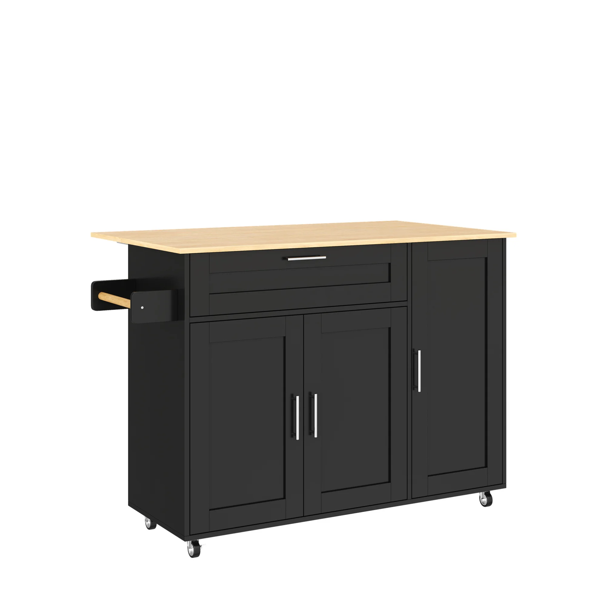 Carrito de cocina móvil con encimera plegable de efecto roble, estantes ajustables y soporte para toallas, 132,5 x 44 (70) x 90 cm.
