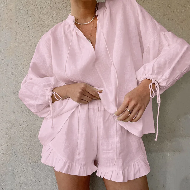 2024 Cotton Linen Loose Two Piece Set Women's V-neck Tie Up Top + Shorts Beach Suit Casual Solid Long Sleeved Commuting Outfits