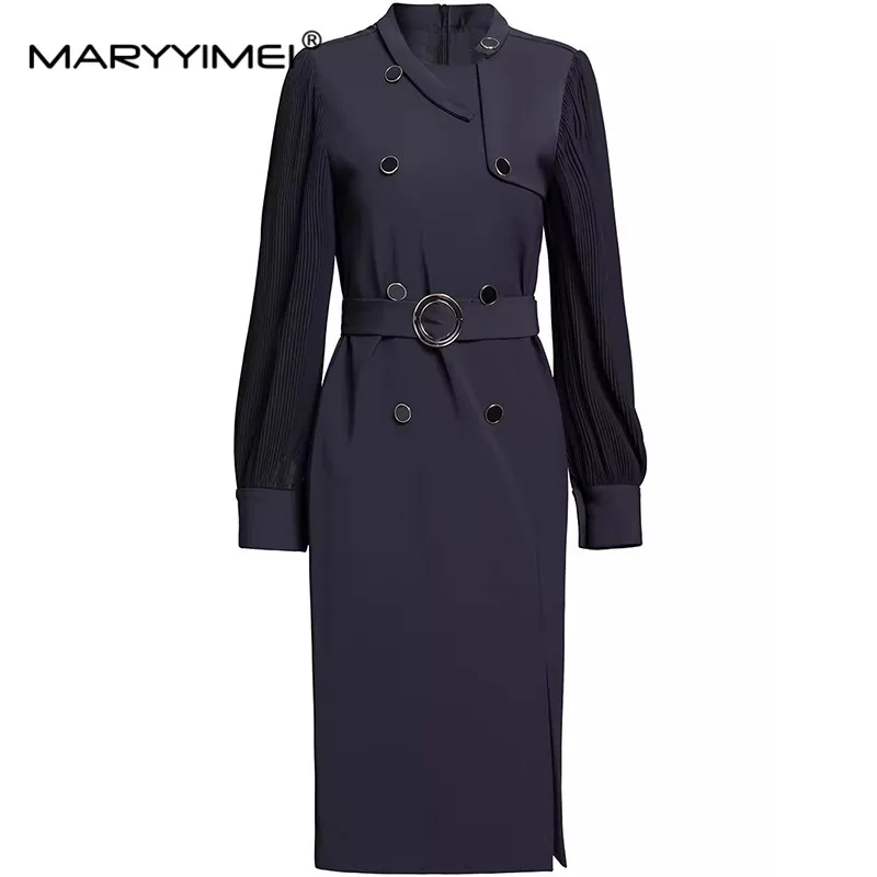 

MARYYIMEI Elegant Commuter Solid Color Women's Dress Autumn Winter Stand Collar Lantern Sleeved Button Lace-UP Straight Dresses