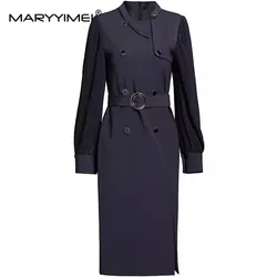 MARYYIMEI Elegant Commuter Solid Color Women's Dress Autumn Winter Stand Collar Lantern Sleeved Button Lace-UP Straight Dresses