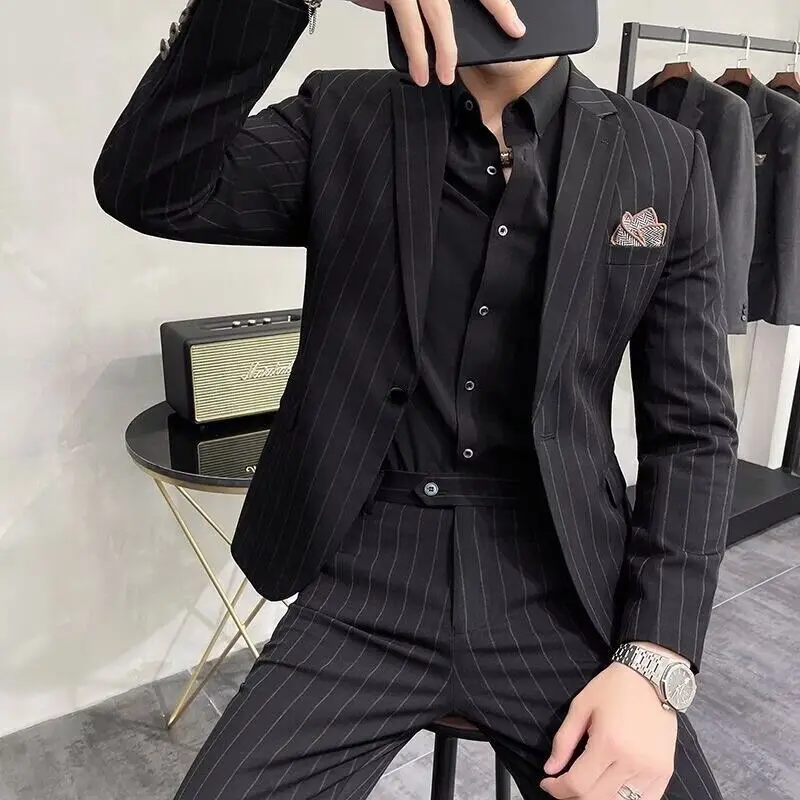 

Slim Fit Tee Piece Suit Set for Men Wedding om Busin Formal Striped Faion Urban Sle Spring Autumn Stand Fit