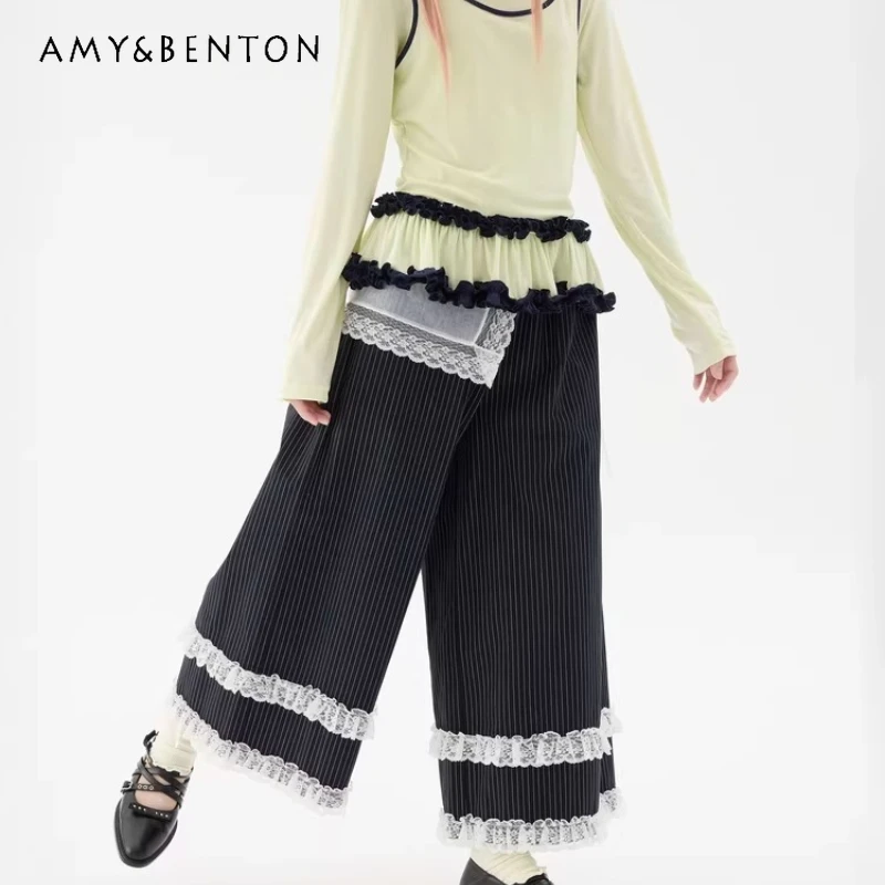 

2026 Spring New Lace Trim Black White Striped Women's Trousers Korean High-Waisted Slimming Drapey Straight Loose Pants Ladies