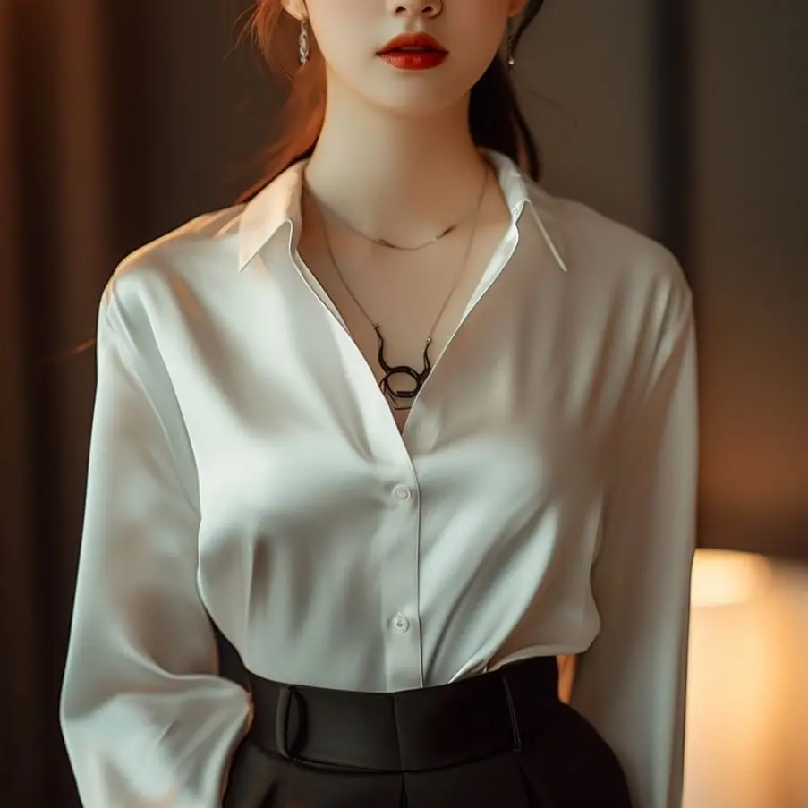 Summer Autumn Silk Satin Shirts Women 2024 Vintage Blouse Long Sleeve Button Down Shirt Office Lady Tee Top Ladies Casual Shirt