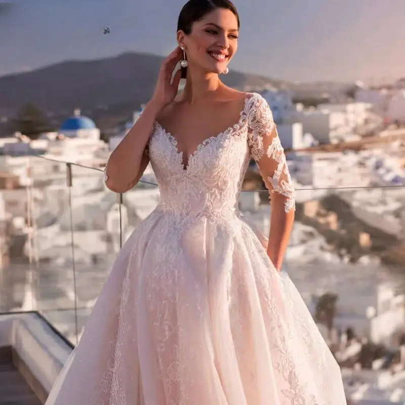 Lindo apliques frisado ilusão volta a linha vestido de casamento 2025 elegante colher pescoço meia manga princesa vestido de noiva personalizado