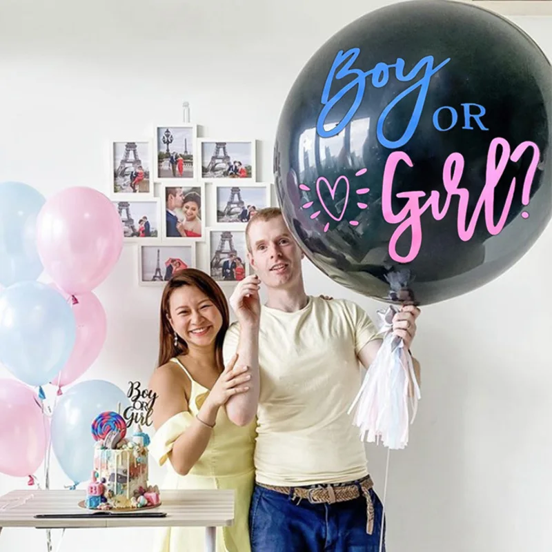 Boy or Girl Gender Reveal Party Decoration 36\'\' Giant Black Latex Balloon Blue Pink Confetti Baby Shower Globos Supplies