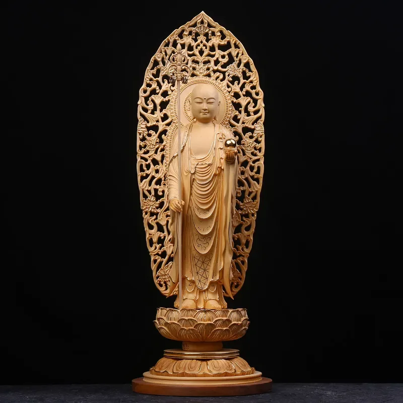 Hand Carved Jiuhua Mountain Jizang King Bodhisattva Statue Buddhist Temple Entrance Ornament Religious Home Decor Gift