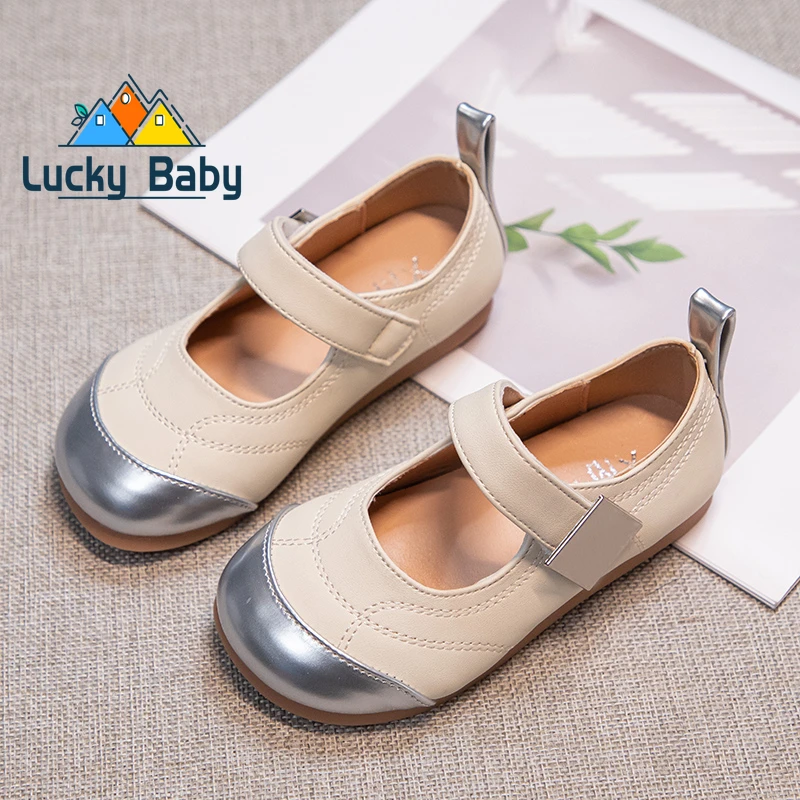 

Детская обувь бежевого цвета с нескользящей мягкой подошвой и круглым носком для девочек, весенне-осенняя уличная маленькая обувь из искусственной кожи для девочек, размер 26-36