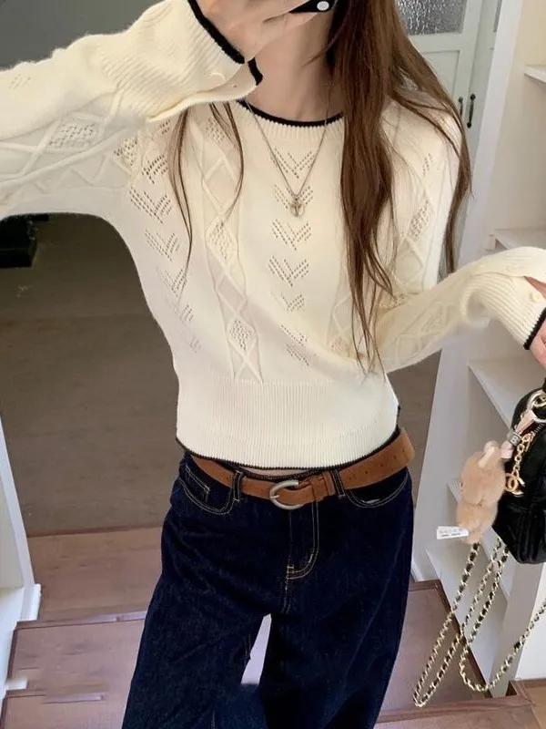 Korean Design Sensation Color Collision Hollow Long Sleeve Sweater Women's Winter  Soft Short Inner Knitted Top