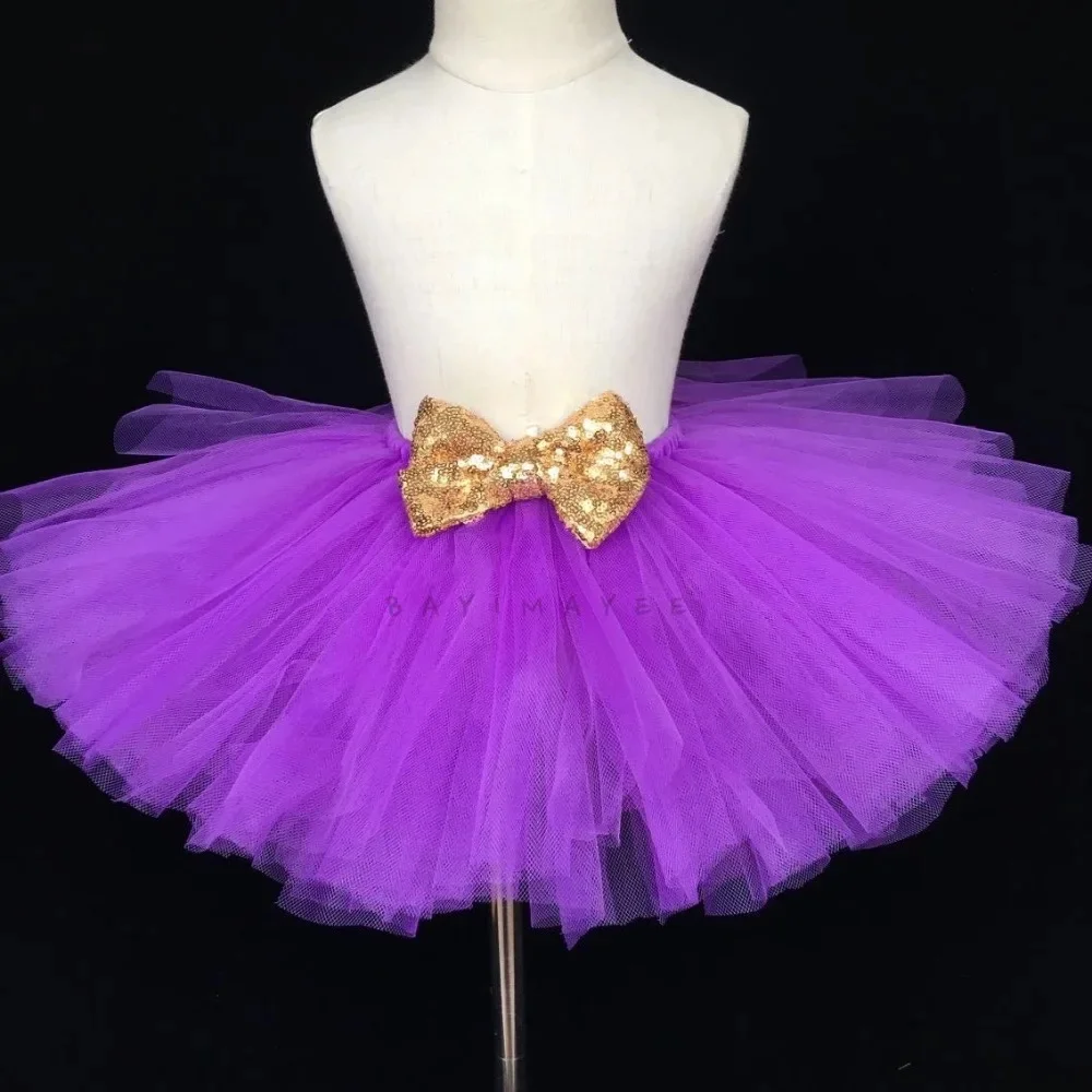 Faldas Tutú Moradas para Niñas, Falda de Tul para Ballet con Lazo de Lentejuelas Doradas, Disfraz para Fiesta de Cumpleaños Infantil