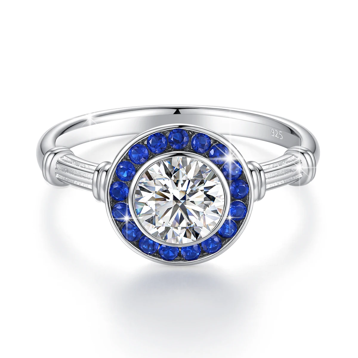 925 Silber Klassische Moissanit-Diamantringe für Damen, Luxuriöse Eingelegte Blaue Korund-Halo-Ringe für Hochzeit und Party – Detail 9