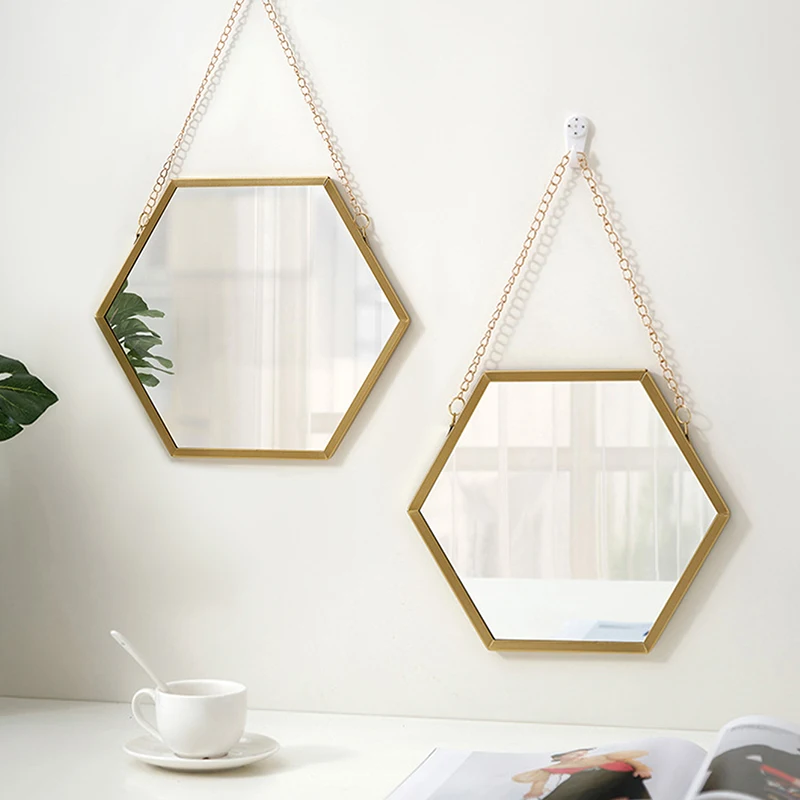 Bedroom Cosmetic Mirror Round Square Hexagon Shape Makeup Hanging HD Mirror Metal Wall Decor No-Punch Bathroom Room Decorations