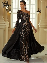Missord Black Sequin Evening Dress Luxury Women One Shoulder Long Sleeve Belt Bodycon Maxi Party Prom Dresses With Train Gown