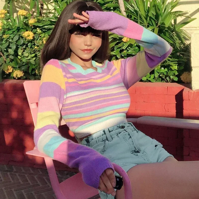 Sexy Y2k Aesthetic Long Sleeve Knitwear Women O Neck Sweater Pink Purple Striped Cropped Tops Pullover Spring Fashion Sweaters